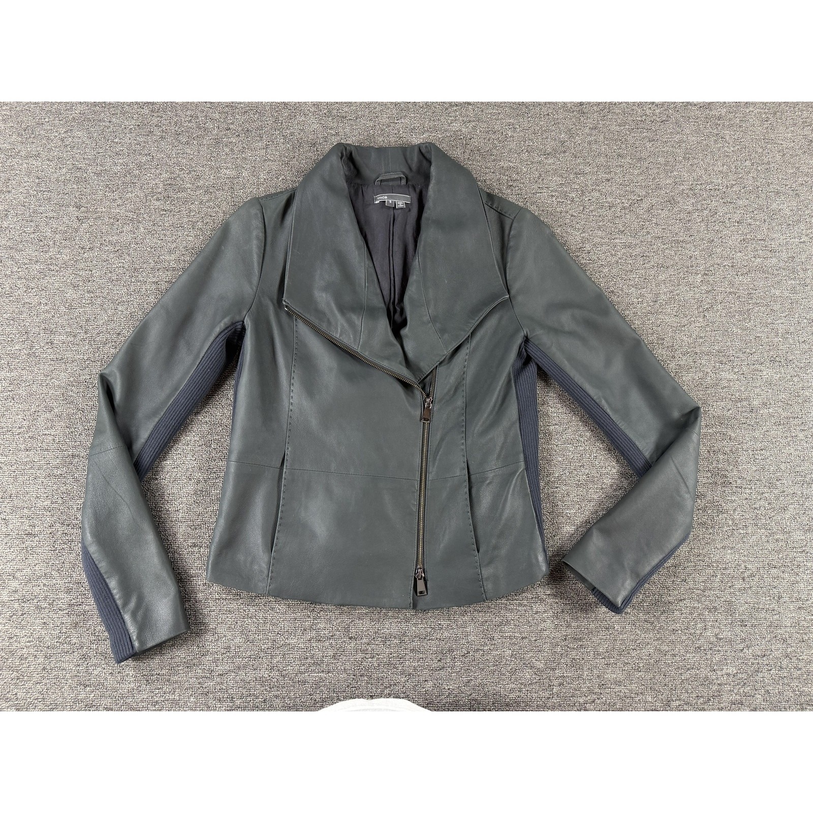 Vince Jacket Womens Small Gray Goat Leather Moto Asym Zip Knit Panels Stretch
